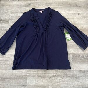 Lilly Pulitzer Navy solid tunic Ruffle Neck Chest 100% Pima Cotton T-Shirt Sz S